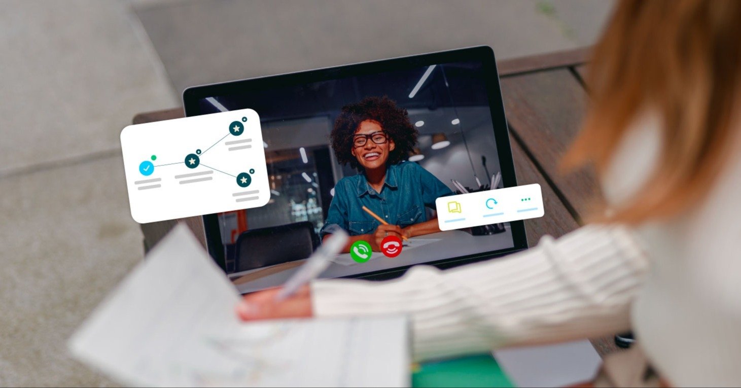 A laptop screen showing a skills training course with a virtual coach speaking