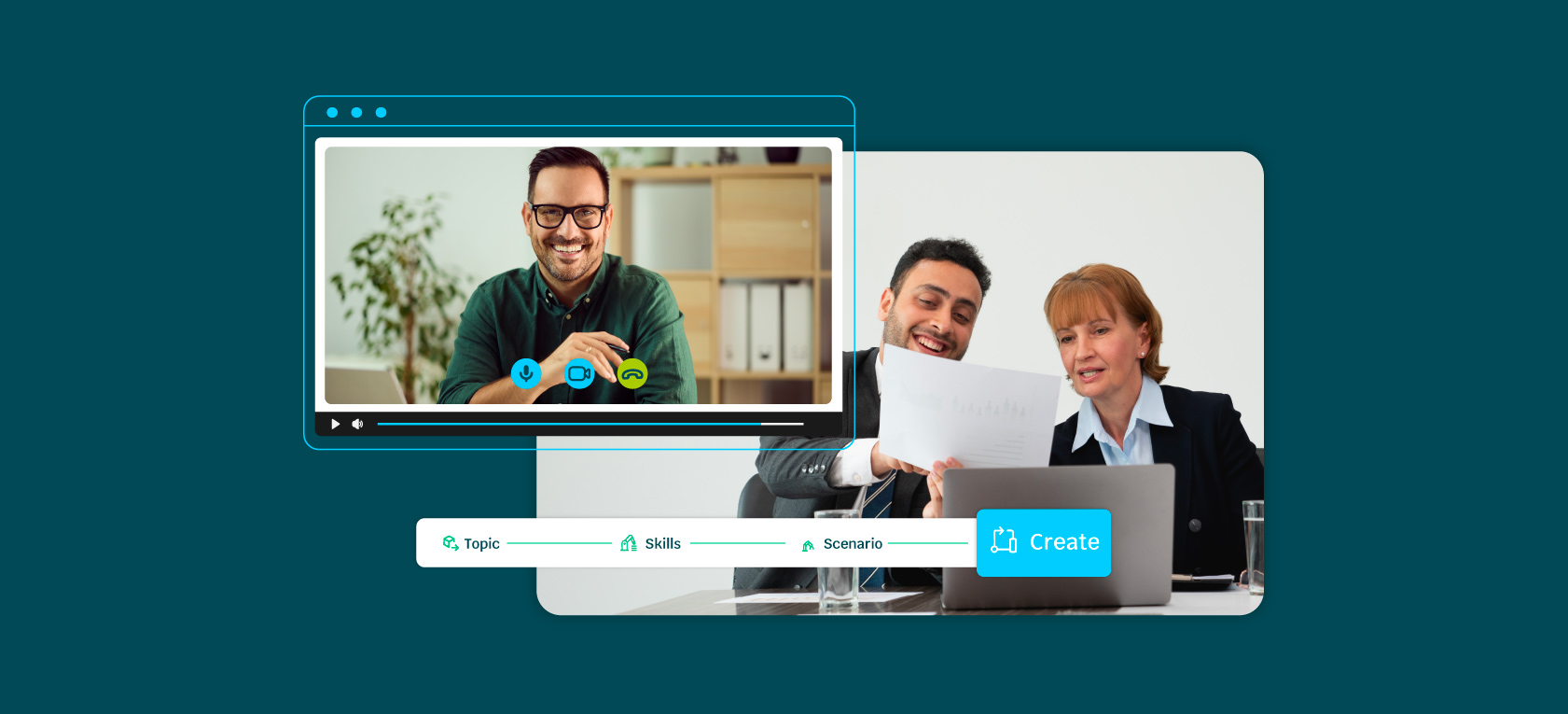 Three professionals analyzing the features of a corporate training sotware