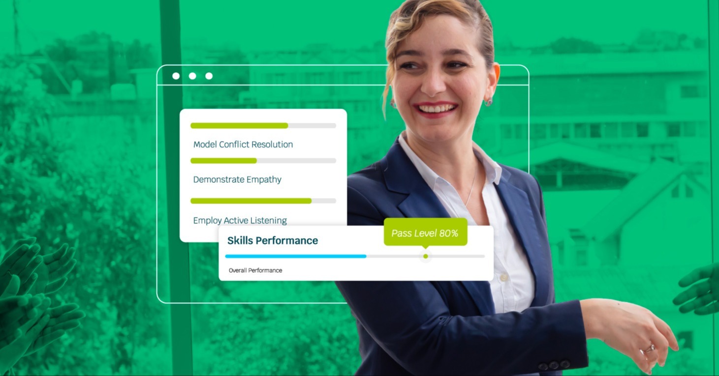 A happy female manager celebrating her completion of a corporate LMS course