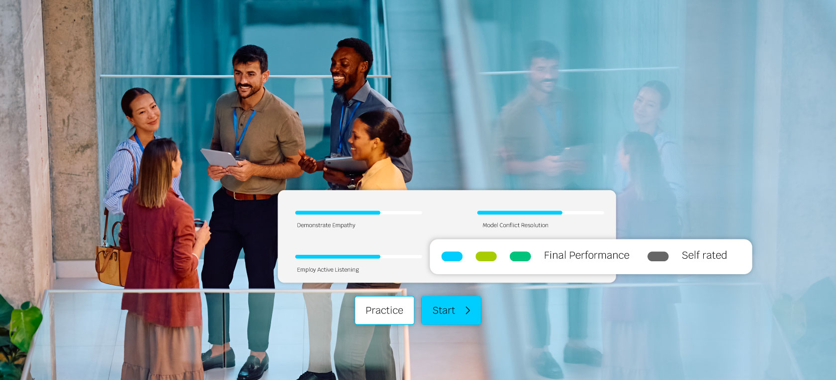 A group of co-workers discussing the most effective business simulation they have ever taken